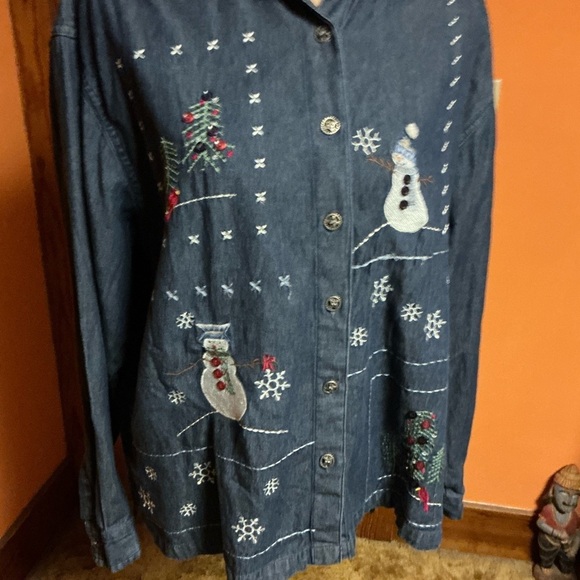 Vtg Y2K embroidered snowman denim shirt - Picture 5 of 10